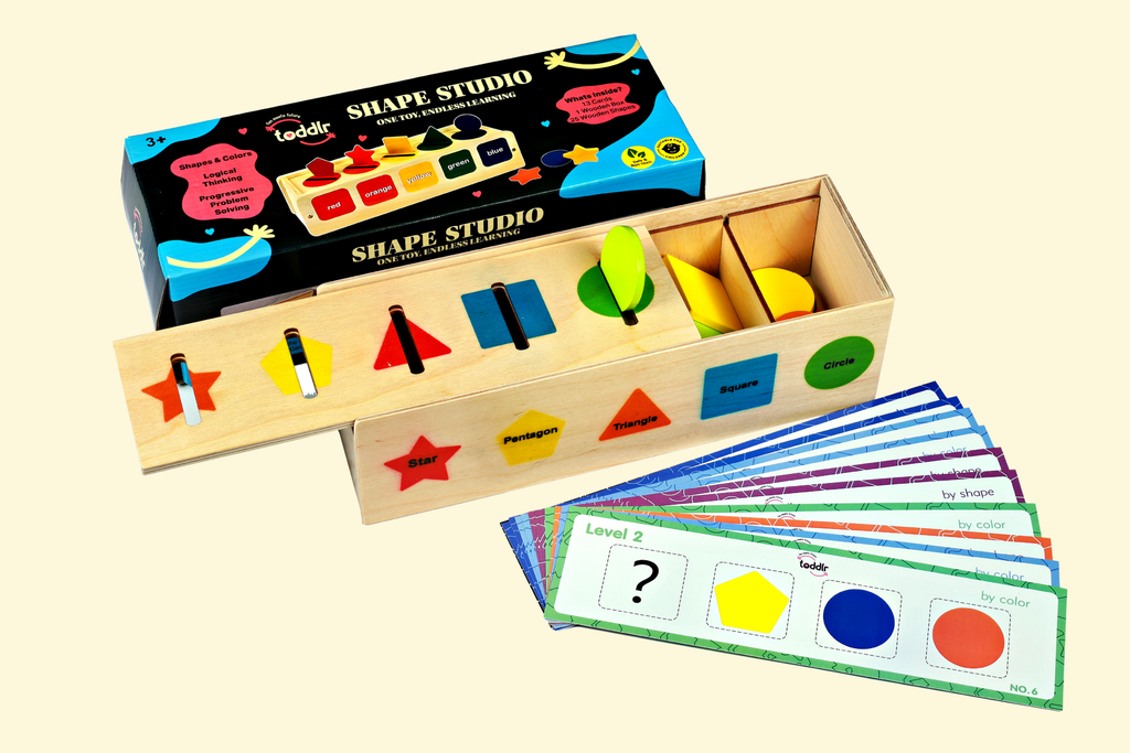 Shape Studio toddlr - wooden shape sorter toy with 25 colourful shapes for ages 3 plus