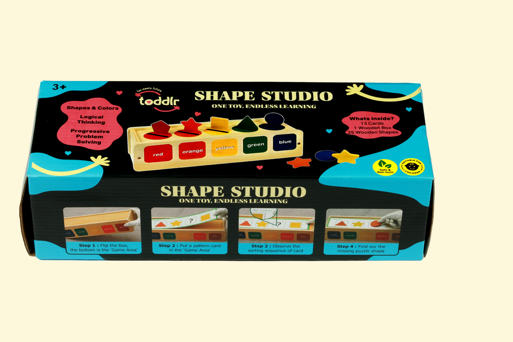Shape Studio toddlr - close up of colourful wooden shapes including circles triangles and squares