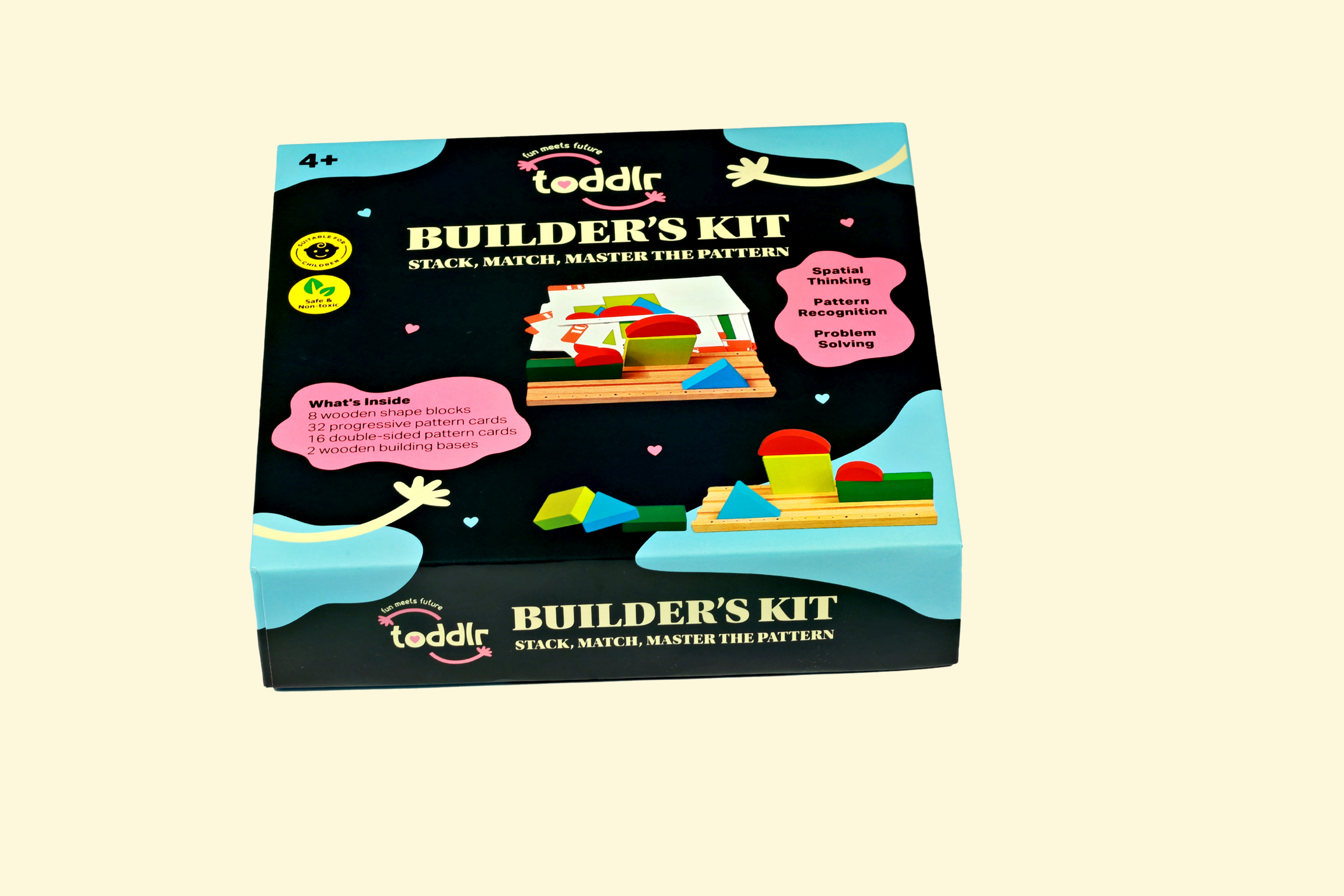 Builder's Kit toddlr - complete set showing 8 wooden blocks and pattern card booklet