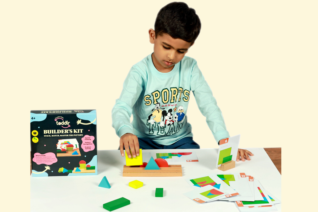 Builder's Kit toddlr - close up of wooden building blocks used for pattern matching