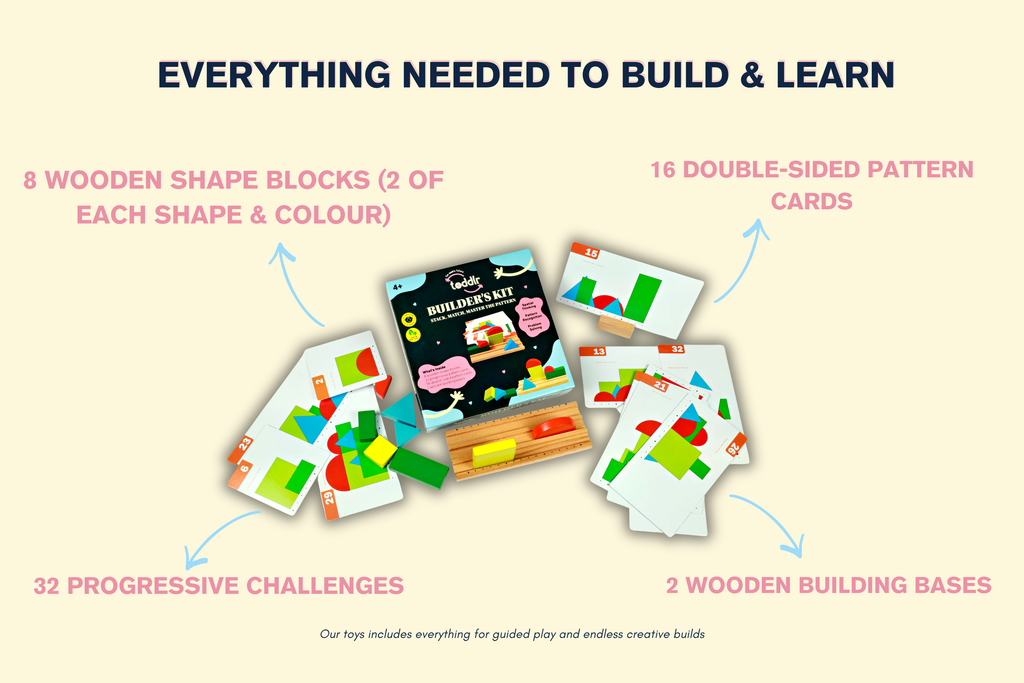 Builder's Kit toddlr - child recreating pattern using 8 colourful wooden blocks