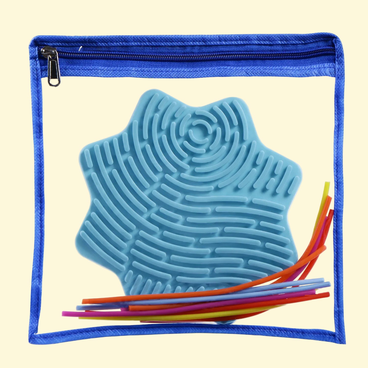 A light blue silicone maze puzzle with a spiral start and finish, shown inside a clear zippered pouch with a blue border. Several colorful flexible strings are tucked at the bottom of the pouch.