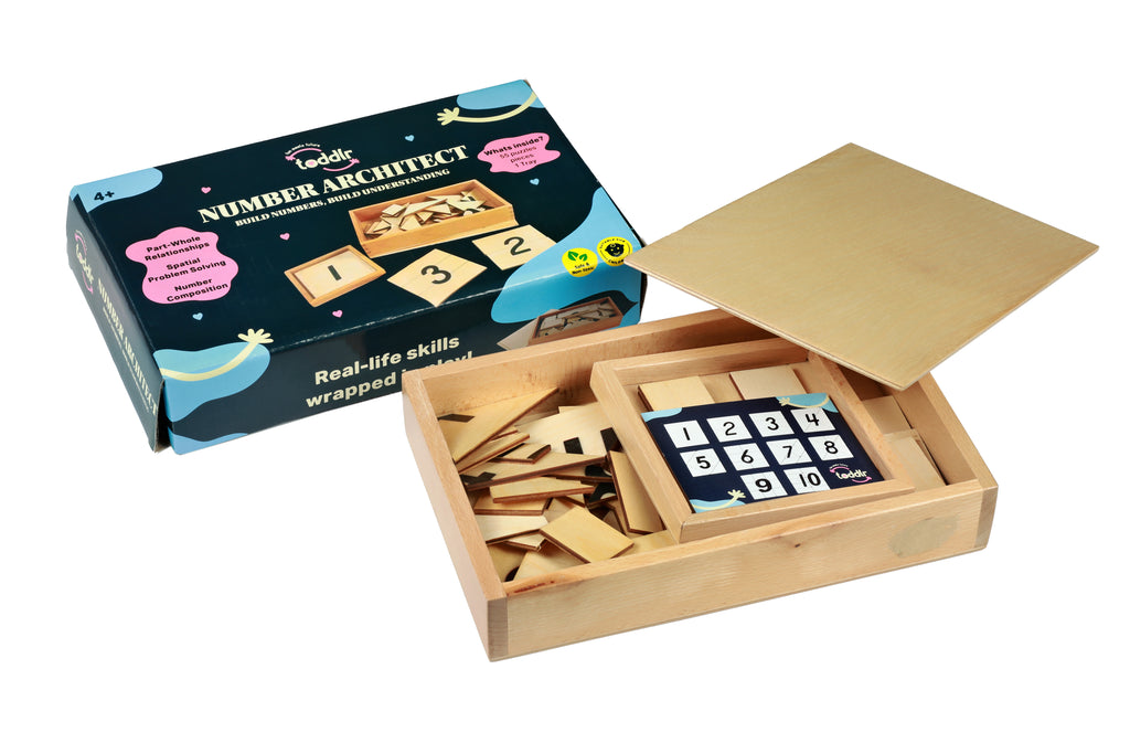 Wooden number puzzle game with pieces and a box on a white background