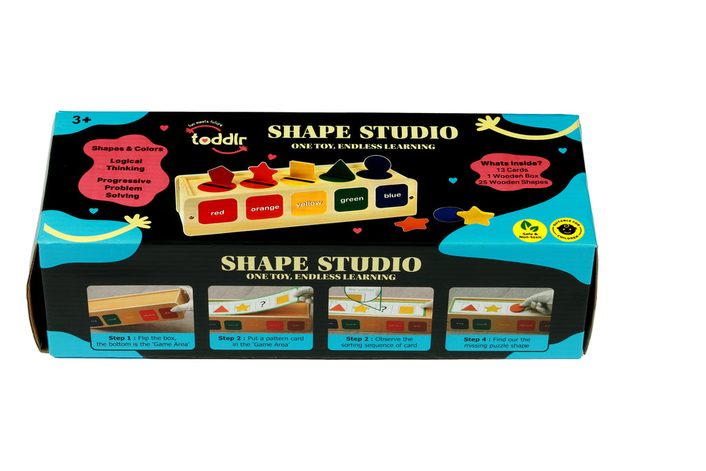 toddlr's Shape Studio toy packaging with colorful shapes on a black background