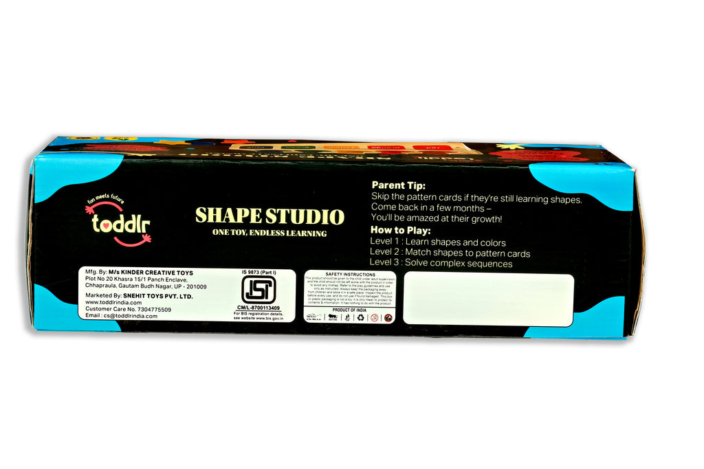 Box of toddlr's Shape Studio educational toy with branding and product details.