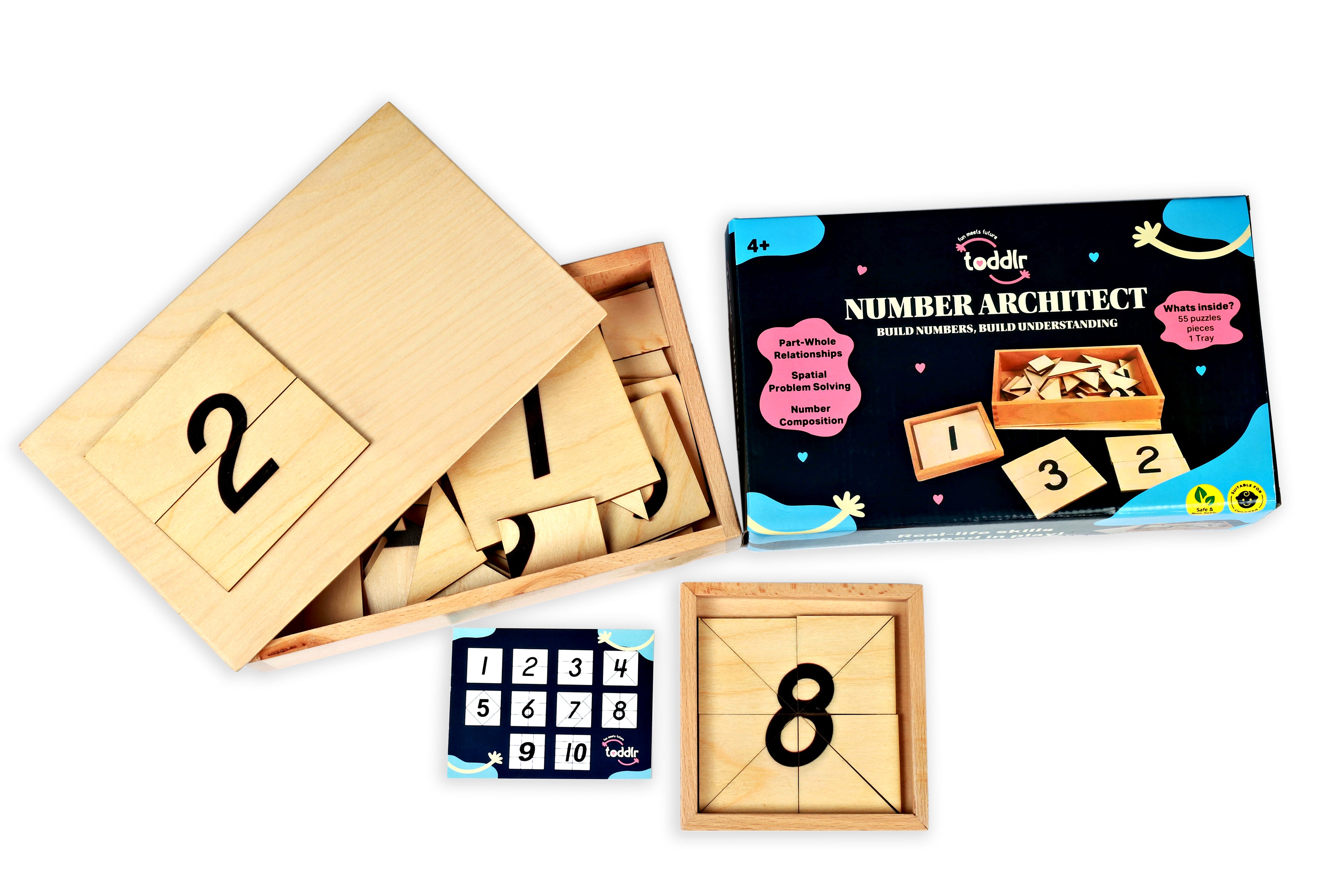 Wooden number blocks with toddlr's packaging on a white background