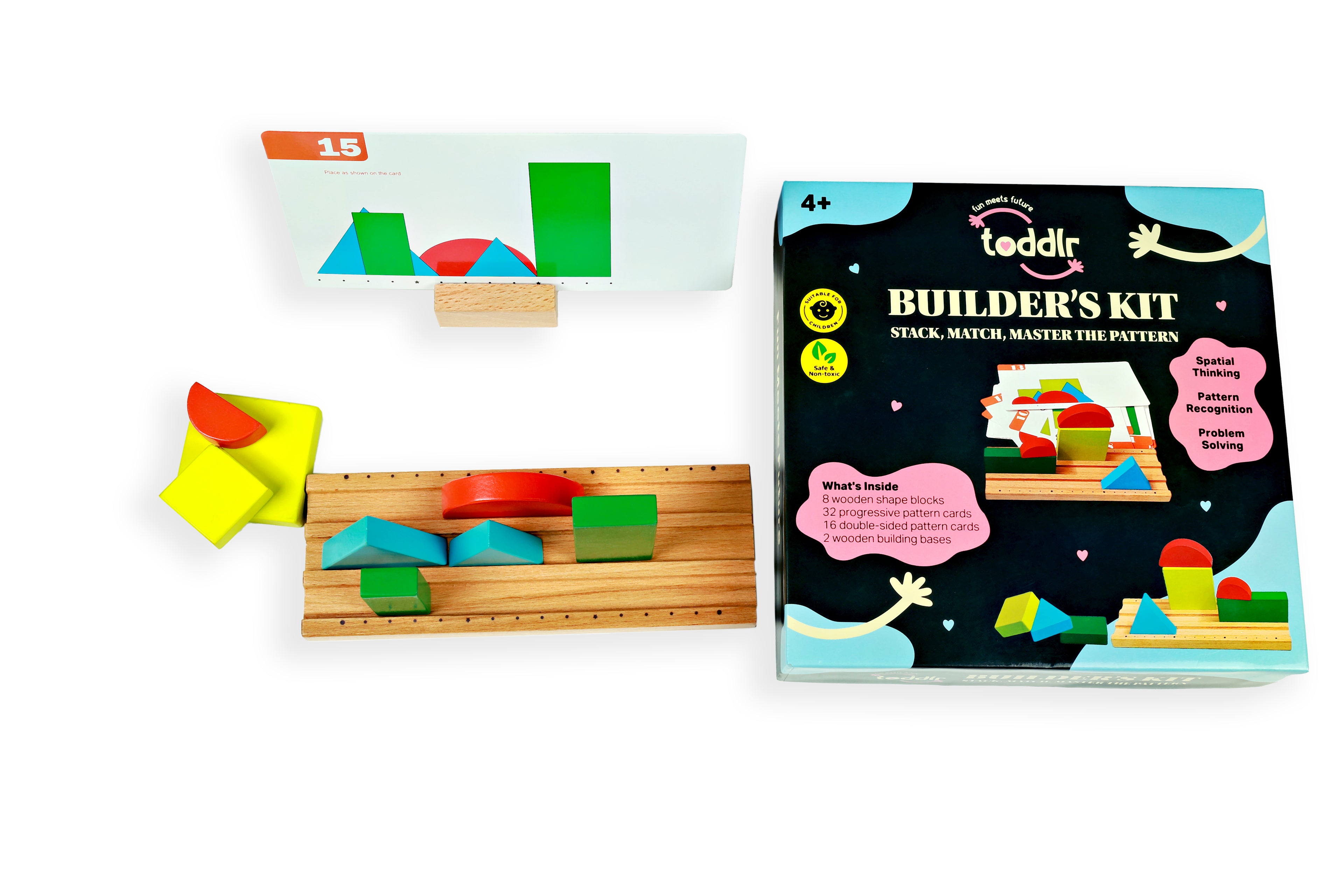 Wooden building blocks set with packaging on a white background