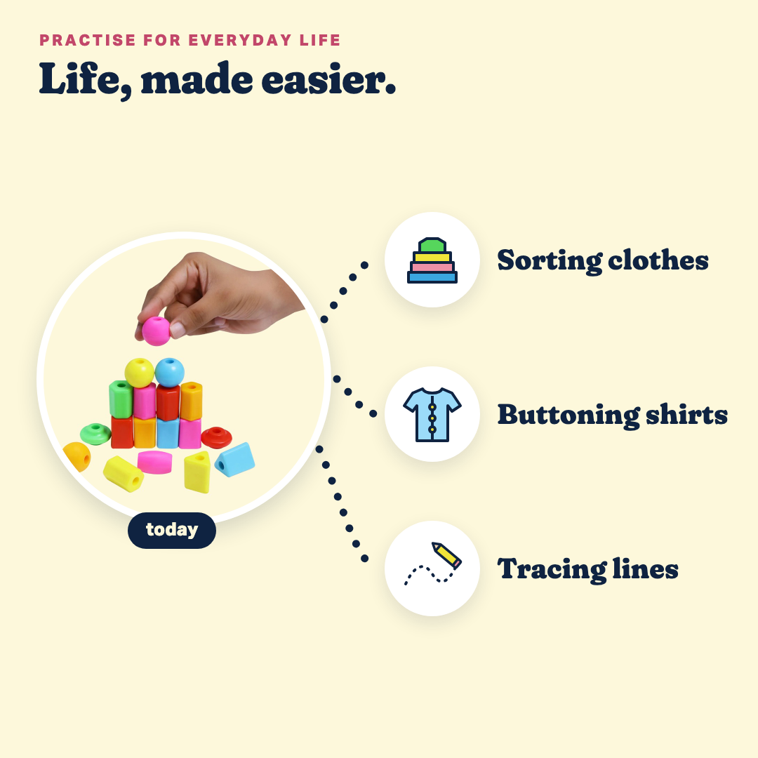 Bead Wizard, practise for everyday life: sorting clothes, buttoning shirts, tracing lines.