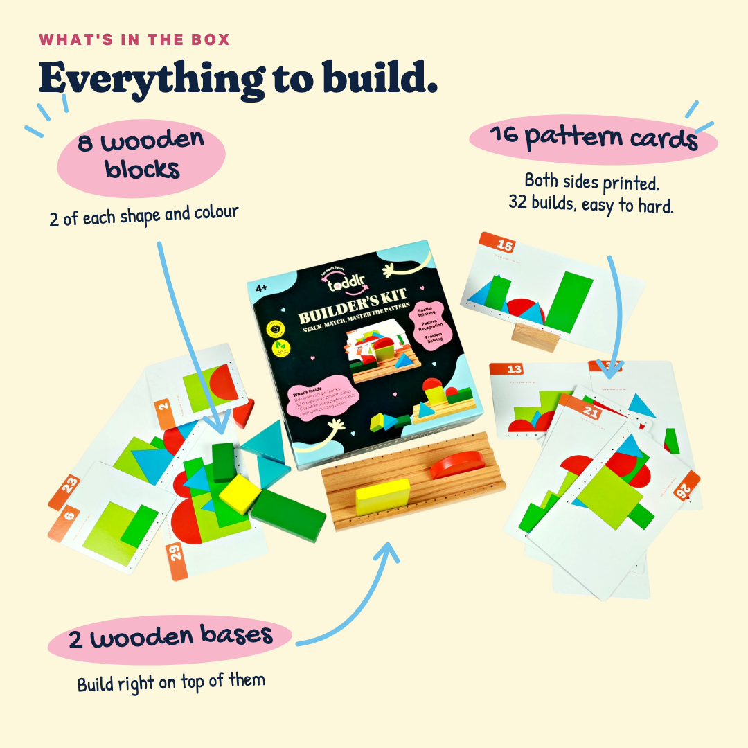 What's in the Builder's Kit box: 8 wooden blocks, 16 double-sided pattern cards, 2 wooden bases.