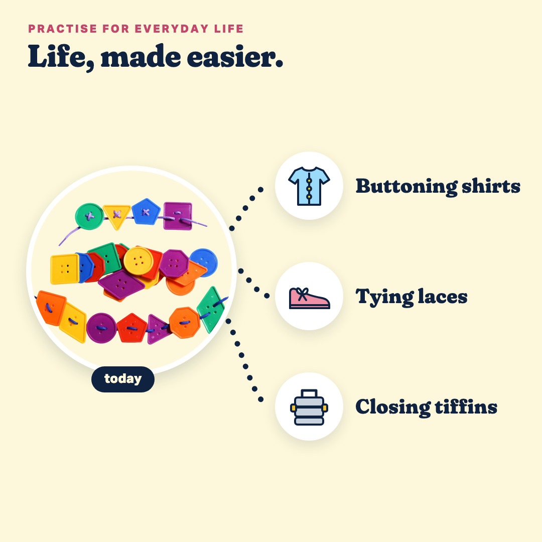 Button Ninja, practise for everyday life: buttoning shirts, tying laces, closing tiffins.