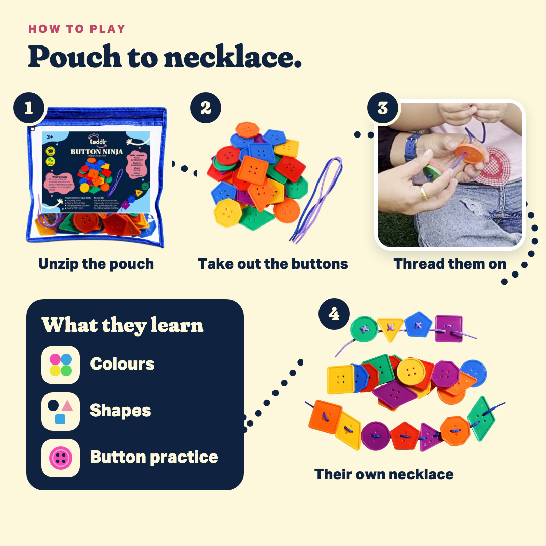 How to play Button Ninja: unzip the pouch, take out the buttons, thread them on, and make their own necklace. Builds colours, shapes and button practice.