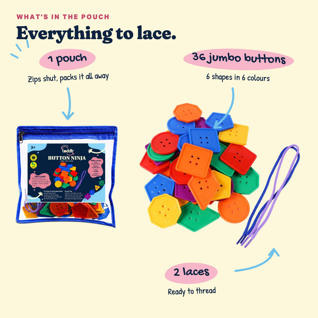 What's in the Button Ninja pouch: 1 labelled zip pouch, 36 jumbo buttons in 6 shapes and 6 colours, 2 laces.