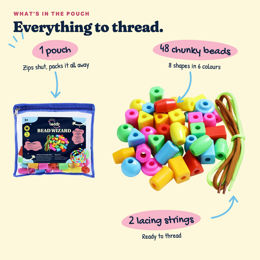 What's in the Bead Wizard pouch: 1 labelled zip pouch, 48 chunky beads in 8 shapes and 6 colours, 2 lacing strings.