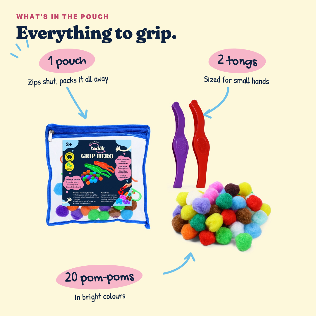 What's in the Grip Hero pouch: 1 labelled zip pouch, 2 tongs sized for small hands, 20 pom-poms.