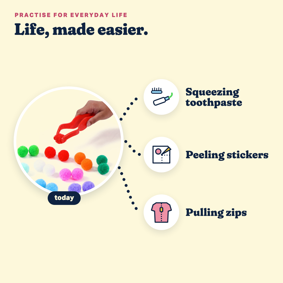 Grip Hero, practise for everyday life: squeezing toothpaste, peeling stickers, pulling zips.