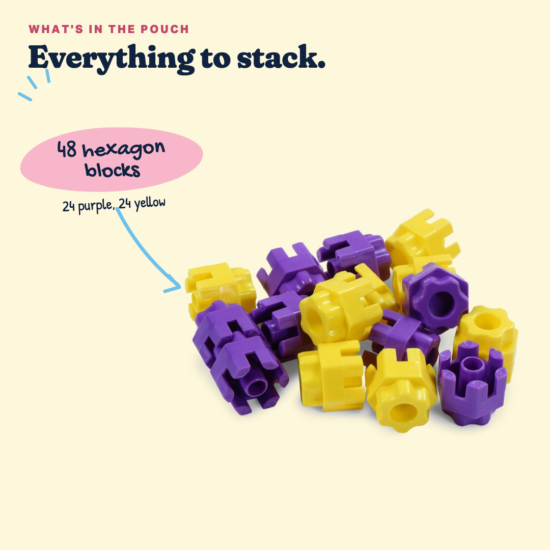 What's in the Hex Engineer pouch: 48 hexagon blocks, 24 purple and 24 yellow.