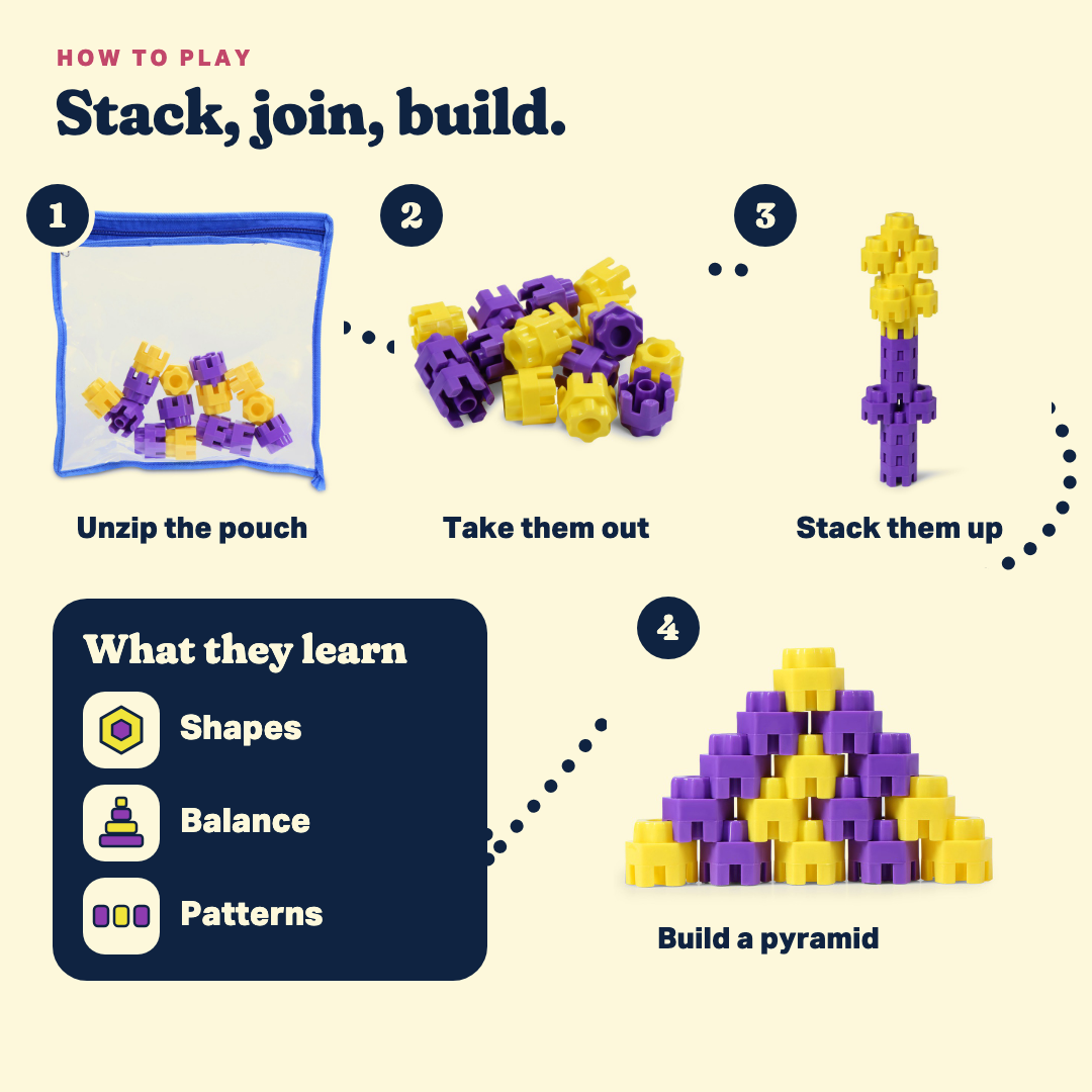 How to play Hex Engineer: unzip the pouch, take them out, stack them up, build a pyramid. They learn shapes, balance and patterns.