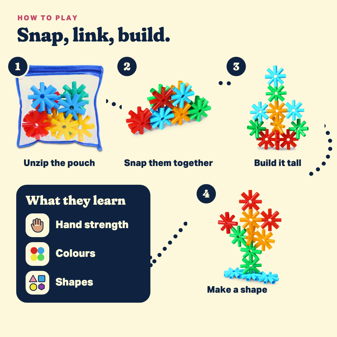 How to play Link Champion: unzip the pouch, snap the flowers together, build it tall, make a shape. They learn hand strength, colours and shapes.