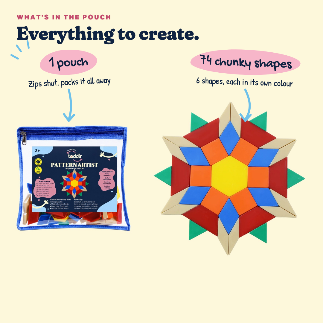 What's in the Pattern Artist pouch: 1 labelled zip pouch and 74 chunky shapes, 6 shapes, each in its own colour.