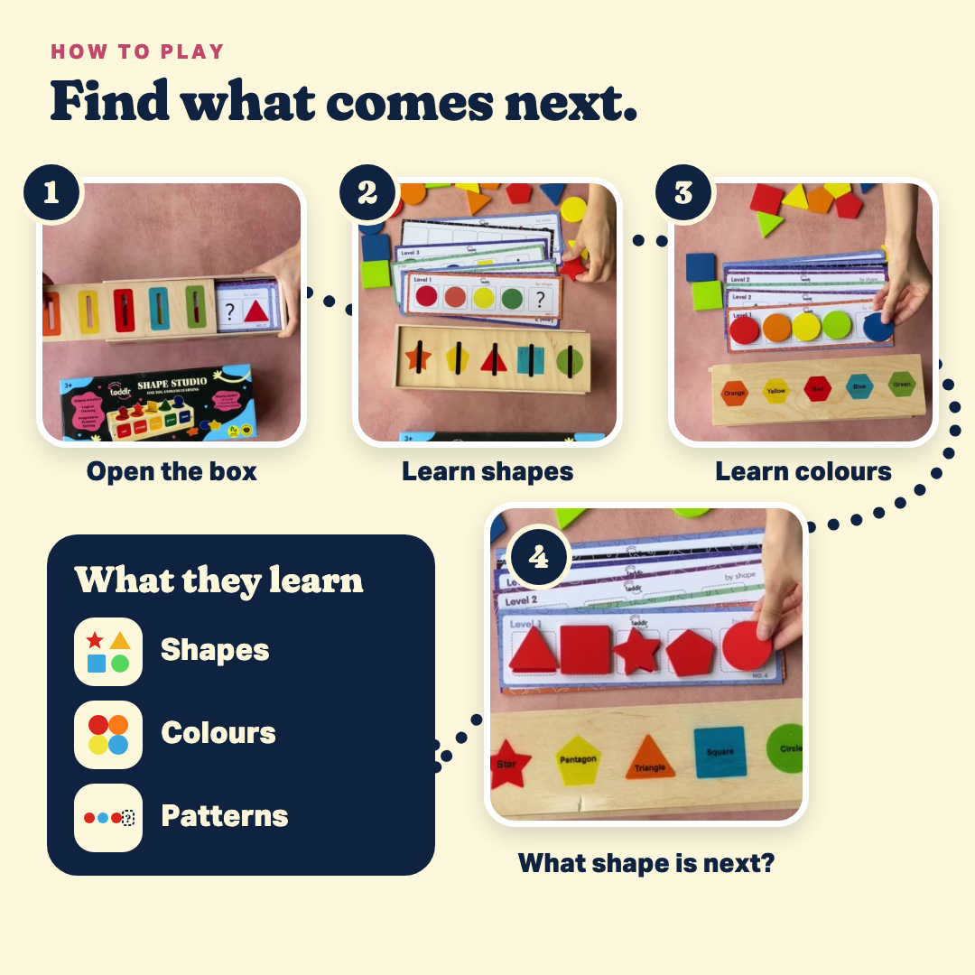 How to play Shape Studio: open the box, learn shapes, learn colours, then find what shape comes next on the pattern card. Builds shapes, colours and patterns.