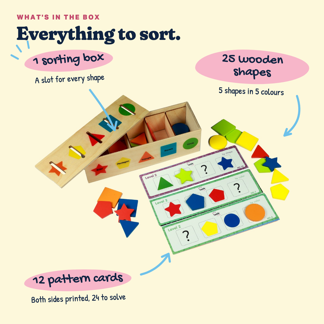 What's in the Shape Studio box: 1 sorting box, 25 wooden shapes, 12 double-sided pattern cards.