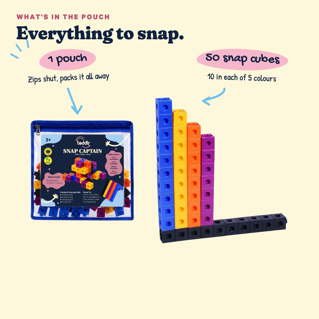 What's in the Snap Captain pouch: 1 labelled zip pouch, 50 snap cubes, 10 in each of 5 colours.