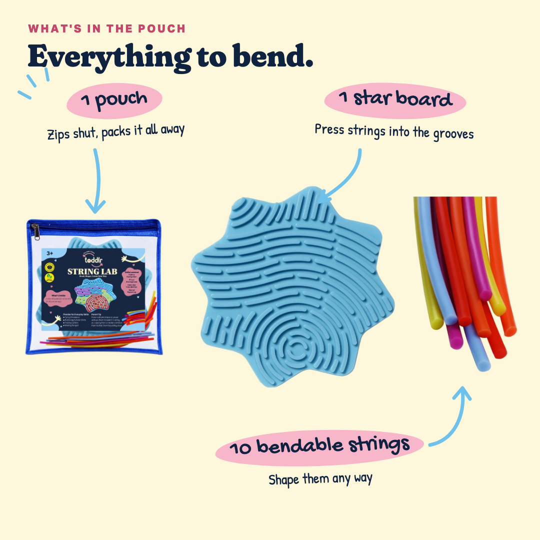 What's in the String Lab pouch: 1 labelled zip pouch, 1 star board, 10 bendable strings.