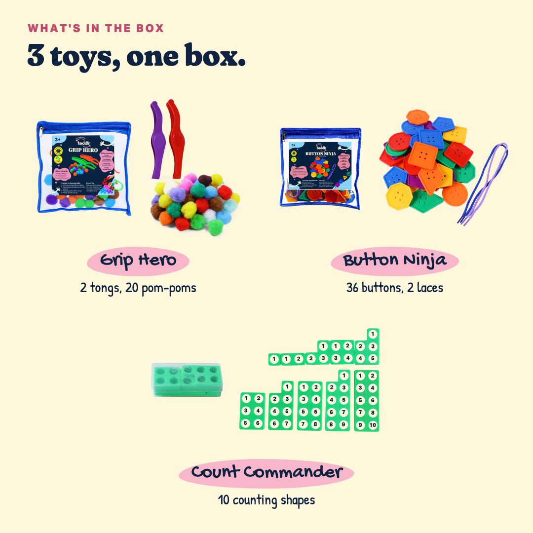 What's in the box: Turning Three Set, 3 toys